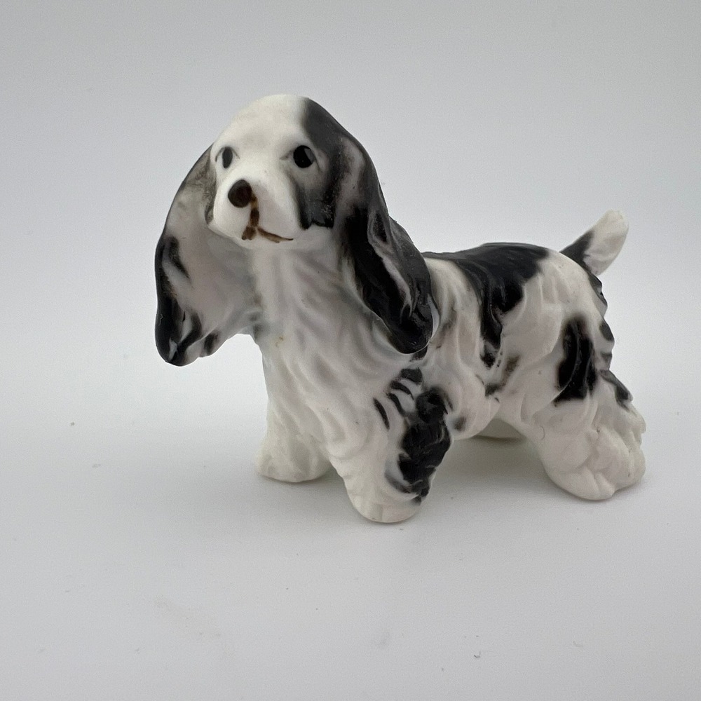 Miniature Matte Black White Spaniel Dog Figurine 2" Vintage Style Puppy